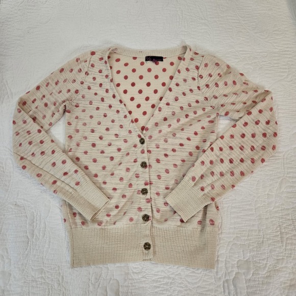 T/O‎ Cardigan Cream Pink Polka Dot Burn Out Knit Distressed Romantic Small - Picture 1 of 13